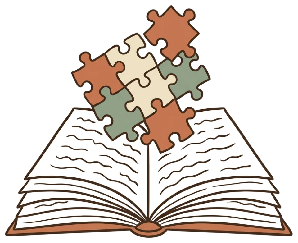 An open book with puzzle pieces rising out of its pages and locking together.