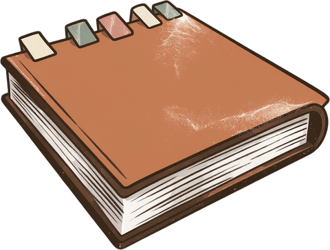 A guidebook with paper tabs marking its chapters.