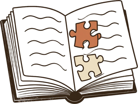 An open notebook with puzzle pieces tucked between its pages.