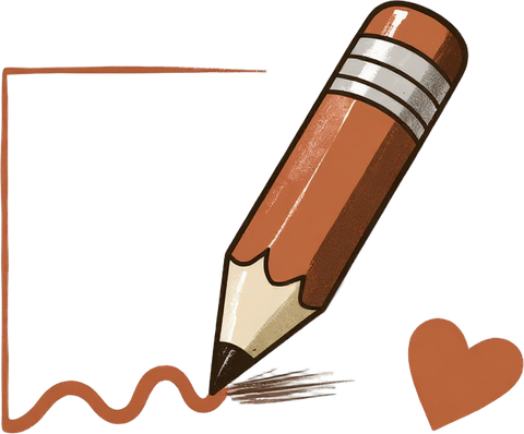 A red pencil striking through one line of a manuscript, with a small heart in the margin.